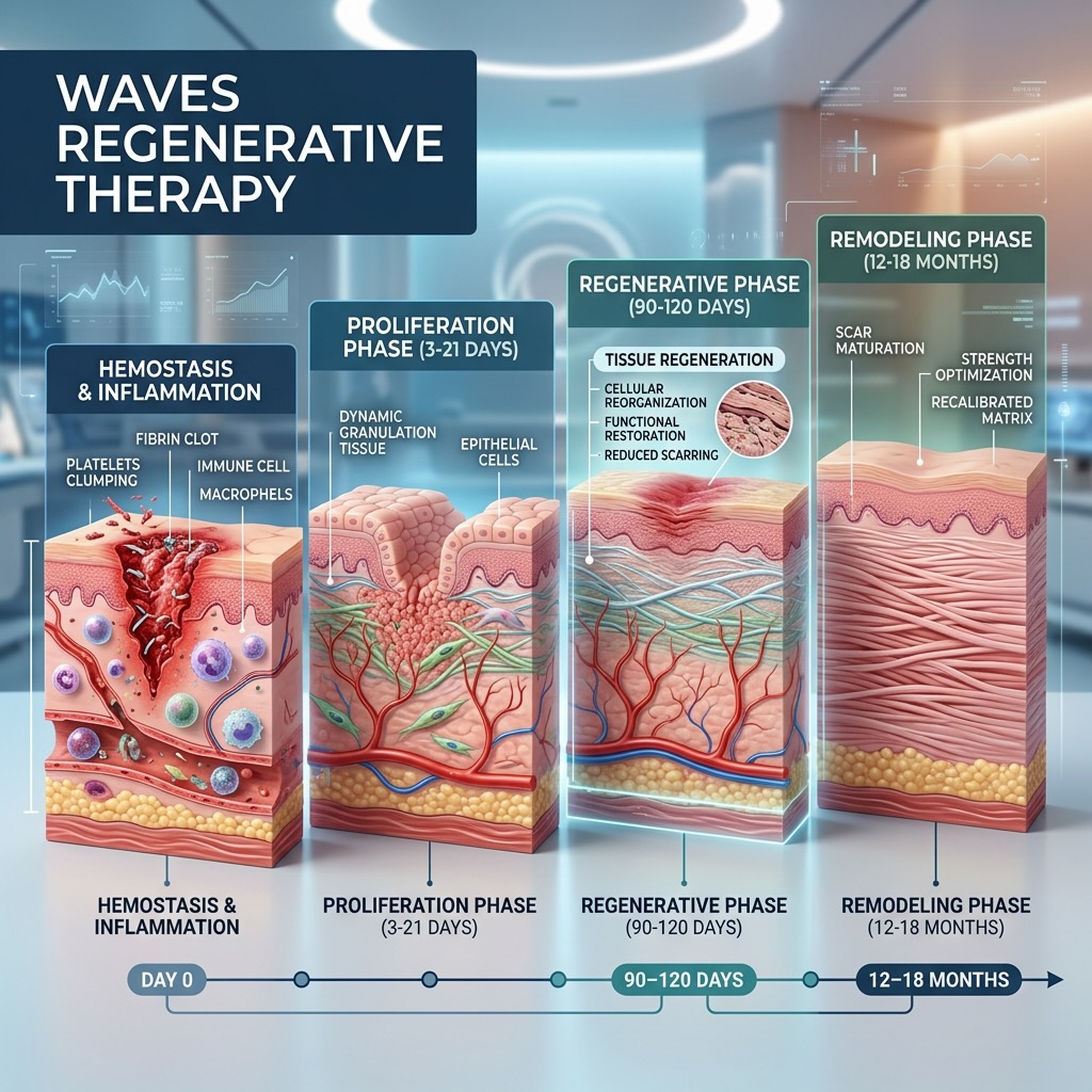 The four phases of tissue healing — Hemostasis and Inflammation, Proliferation, Regeneration, and Remodeling — showing how WAVES Regeneration Therapy supports each stage